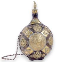 A 19th century Russian powder flask, of coopered form, with applied brass decoration, double-