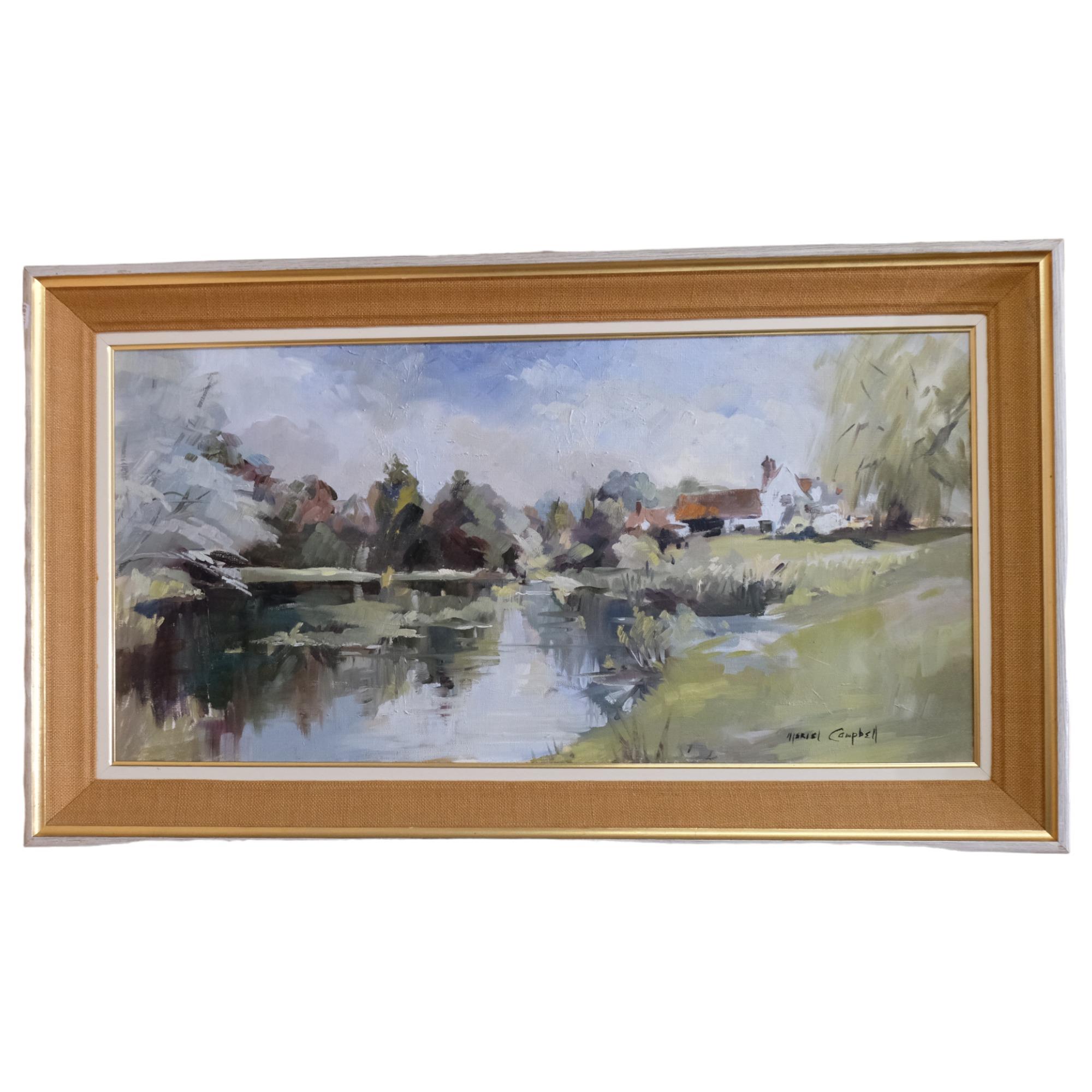 Meriel Campbell, a large oil on canvas, titled "water end, Herts", framed, signed bottom right-