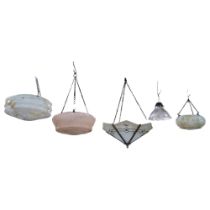 A group of 5 ceiling light shades, including 3 x 1950s glass shades with mottled decoration, a
