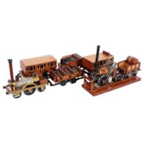 A group of handmade model steam engines, and carriages and truck, largest length 30cm