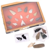 A cased collection of Mesolithic arrowheads, 2 obsidian arrowheads (modern), and a collection of