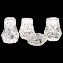 A group of 3 clear Liskeard glass vases, tallest 15cm, and matching candle holder, all stamped to