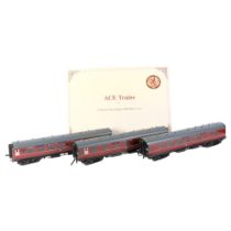 ACE TRAINS - a set of 3 Vintage style gauge O British Rail Mark I coaches, in maroon, with "The