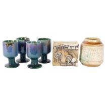 Newlyn Celtic pottery jar, 13cm, a St Ives Wheel pottery sculpture, and a set of 4 goblets