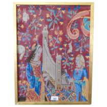 A framed embroidery, depicting figures at a look, framed, and F Meginn, watercolour, coastal view,