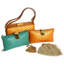 2 lady's woven wicker clutch bags, by Rodo, a similar handbag, woven mesh purse and bag