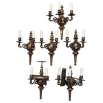 A set of 4 brass 2-branch wall lights, a matching pair of 3-branch wall lights, L40cm, and a pair of