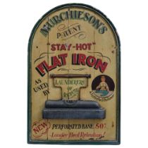 An Antique arch-top painted advertising sign for Murchieson's Stay Hot Flat Iron, H93cm