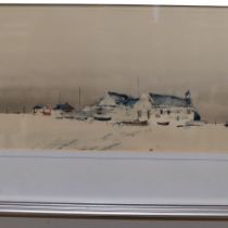 Colin Kent, watercolour, buildings by a beach, 39cm x 75cm