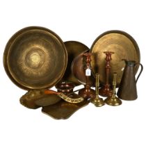 3 various engraved Persian brass trays, 2 Oriental design engraved brass trays, an Art Nouveau