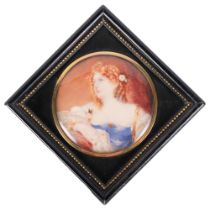 A 19th century miniature, watercolour on ivory panel, portrait of a young lady with flower in her