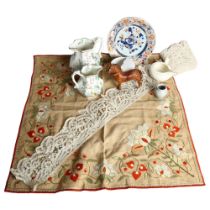 A group of various items, to include an Antique needlework table runner, embroidered tablecloth, a