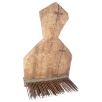 A large Antique wood flax comb with steel teeth, H58cm