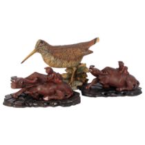 Capodimonte porcelain snipe, and 2 Chinese carved wood water buffalos on stands, L21cm