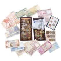 A collection of various pre-decimal and foreign coins, various banknotes including euros