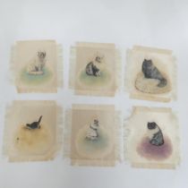 6 original watercolour paintings of cats on fine silk, circa 1920, all unsigned, panel dimensions