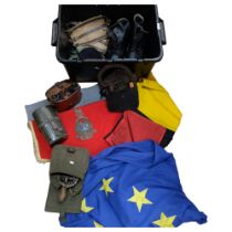 Army flask, webbing belts, binoculars, boots, Eurozone flag etc