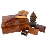 A walnut cutlery box with drawer under, 49cm across, a beechwood dish, cigarette box, 4 other