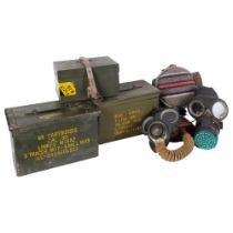 2 metal ammo boxes, and ration box, 2 Second World War gas masks, and a flask