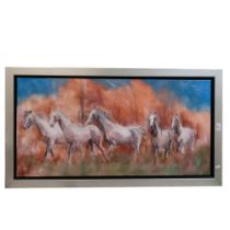 Panoramic oil on canvas, wild horses, 62cm x 103cm overall, framed, indistinctly signed