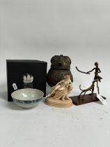 Boxed Tek Sing treasure bowl, porcelain Classical lady on lion, H10.5cm, a brass figure group, and