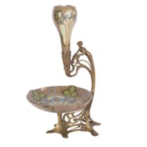 An Art Nouveau style ceramic vase and comport, with cast-metal figure support (repair to edge of