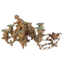 WITHDRAWN Antique ornate cast gilt-metal 6-branch chandelier, with cherub figure (A/F), 35cm across