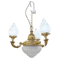 A brass 3-branch chandelier, with frosted glass pendant and shades, drop 75cm
