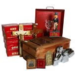 An early 20th century oak shop till, 10 x 20th century OXO cube tins, a Coca-Cola tray, graduated