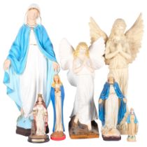 A group of various religious figures, including a painted composition Saint on plinth, 60cm