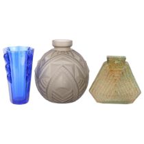 An Art Deco moulded grey glass vase, H23cm, and 2 other Art Deco vases