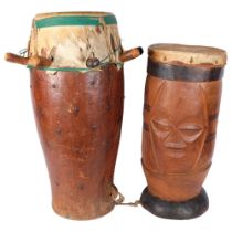 2 African hardwood skin-covered drums, tallest 65cm