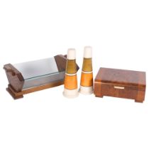 Arthur Wood cruet, 19cm, an oak and glass Deco trough, and a walnut box