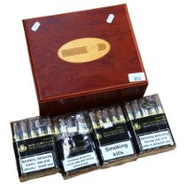 A stained wood humidor (unnamed), together with 3 unopened packets of Dos Gonzalez Corona cigars (