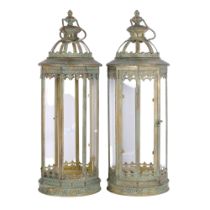 A pair of octagonal verdigris metal candle lanterns, in Antique style, H55cm