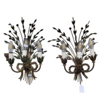 A pair of 20th century French tollware 3-branch leaf and berry design wall lights, H45cm