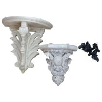 Vintage painted carved wood black wall bracket with foliate design, H20.5cm, a carved wood wall