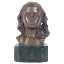 A small bronze bust of a young girl, mounted on a green marble stand, H16cm