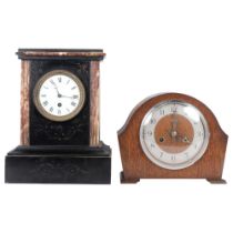 Victorian slate and marble cased 8-day mantel clock, 8-day movement, H31cm, and an oak-cased dome-