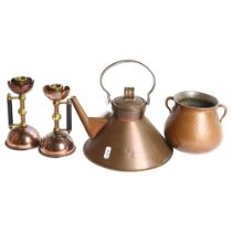 A pair of Arts and Crafts trench art candlesticks, a copper kettle in the manner of Christopher