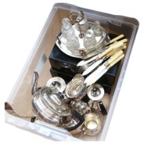 A quantity of silver plated items, to include 2 part tea and coffee sets, various sauce dishes, a