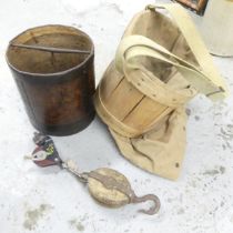 An elm well bucket, 31x34cm, a pulley block and a hop-pickers sack. (3)