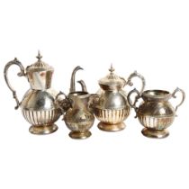 A Chinese engraved silver plate 4-piece tea and coffee service, including teapot and coffee jug