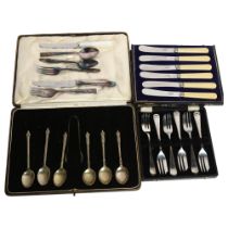 3 cased sets of various cutlery, including cake forks, 2 other boxed sets of cutlery, including