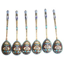A set of 6 Russian silver-gilt and champleve teaspoons