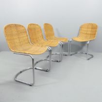 A set of four mid-century Italian rattan and chrome cantilever chairs.