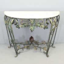 A French Art Nouveau style demi-lune marble topped console table on painted wrought iron base.