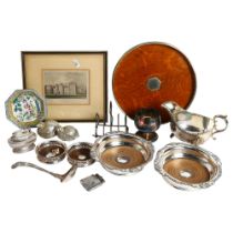 A quantity of various silver plate and other items, including an oak and silver plate gallery