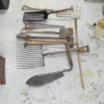 Eleven various agricultural tools, including a scythe, forks, hammers etc. All marked, including