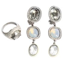 SWAROVSKI - a crystal set dress ring, and a pair of graduated crystal set clip-on pendant earrings